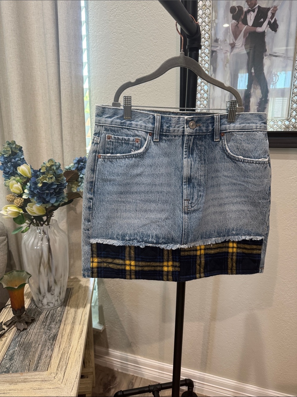 Light Wash Denim Mini Skirt with Plaid Hem